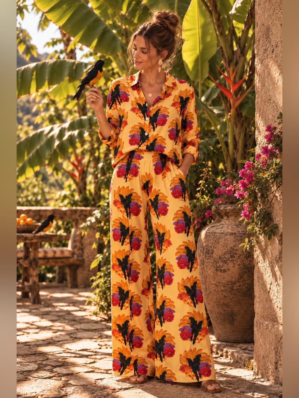 Yellow Floral Button-☀️Farm Rio Banana Nest Set 🦜 S/M Top & Pants Set